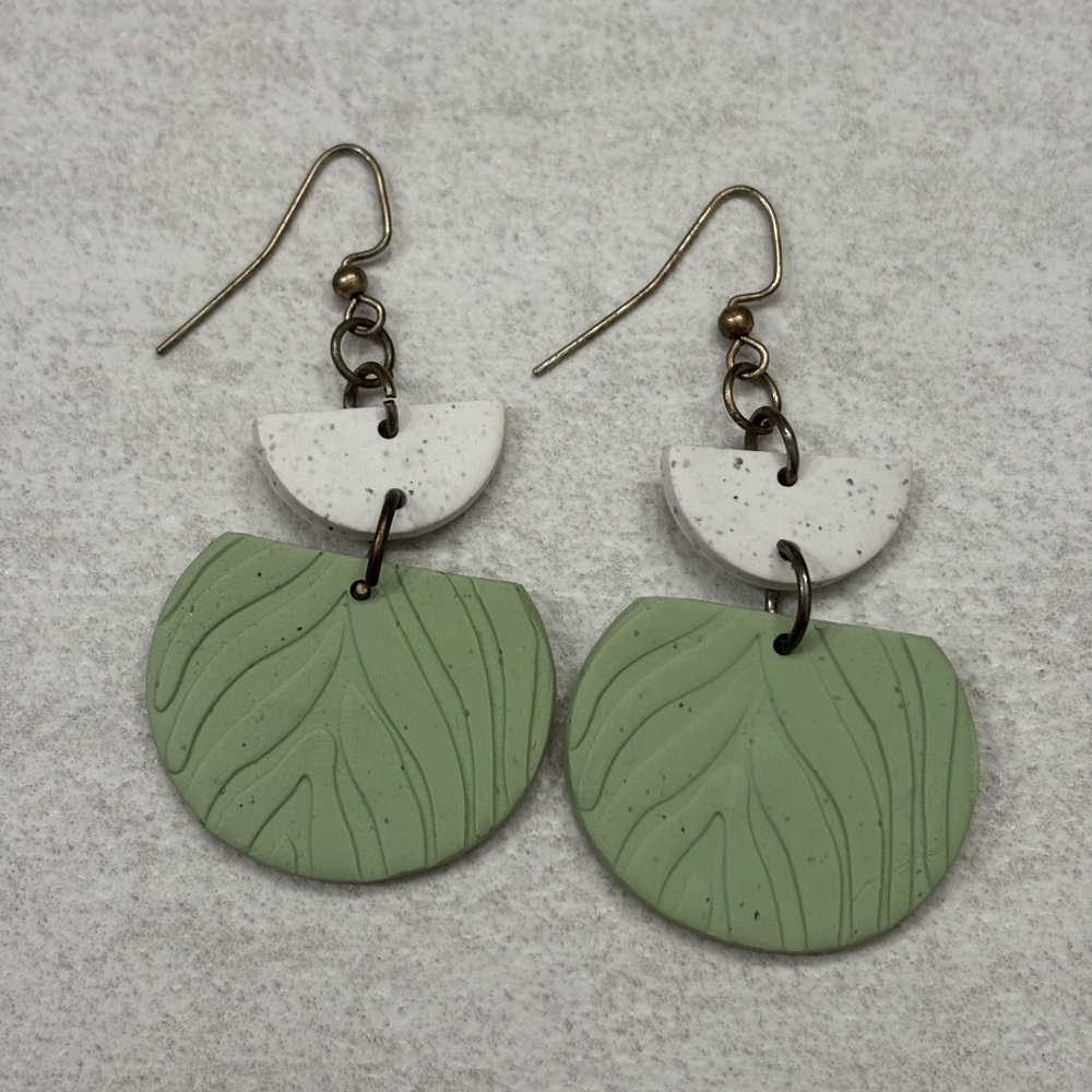 Green & White Dangle Polymer Clay Statement Earrings